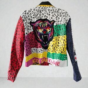 Azalea Wang Patchwork Moto Jacket Studded Graphic Leopard 1X